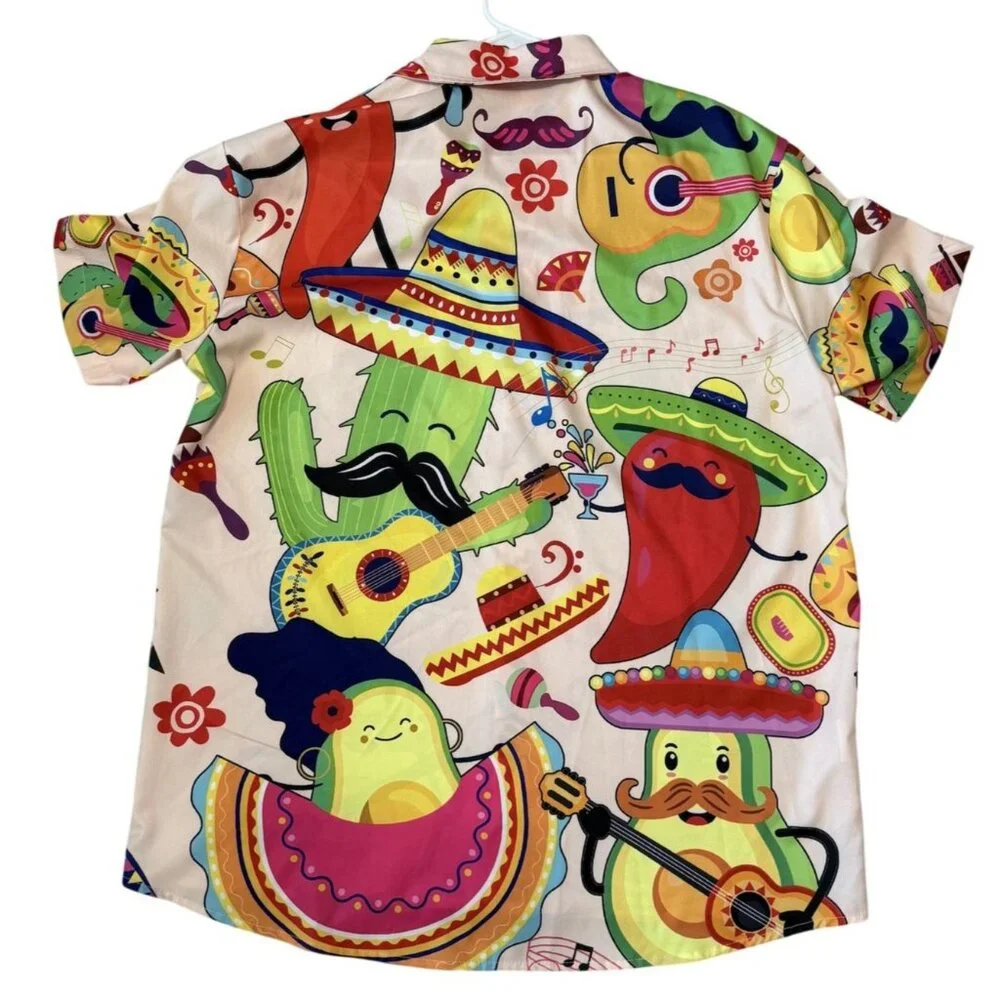 Fiesta-Themed Mens Button-Up Shirt Sombrero Avacodo Cactus Short-Sleeve  XL Mens - Picture 4 of 6